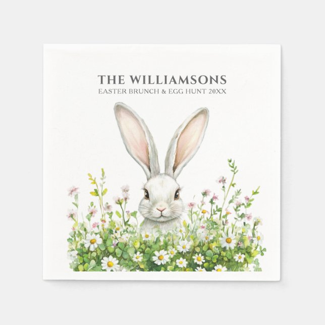 Happy Easter White Rabbit Florals Personalised Napkin (Front)