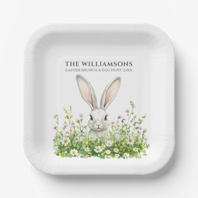 Happy Easter White Rabbit Florals Personalised Paper Plate (Front)