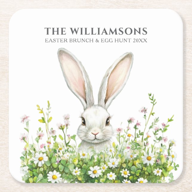Happy Easter White Rabbit Florals Personalised Square Paper Coaster (Front)
