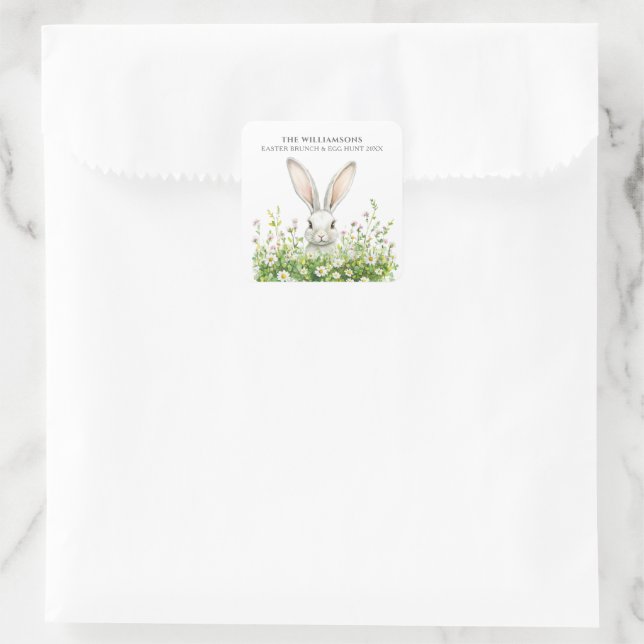Happy Easter White Rabbit Florals Personalised Square Sticker (Bag)
