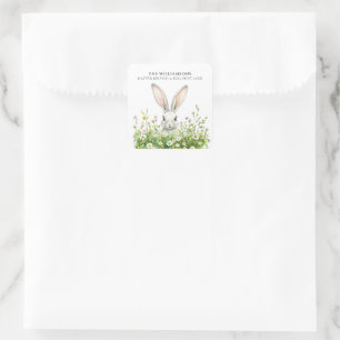 Happy Easter White Rabbit Florals Personalised Square Sticker