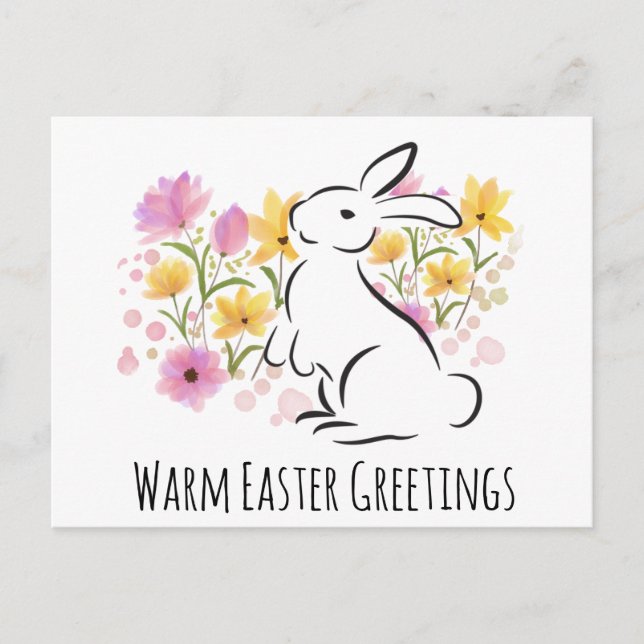 Happy Easter White Rabbit Flowers Postcard (Front)