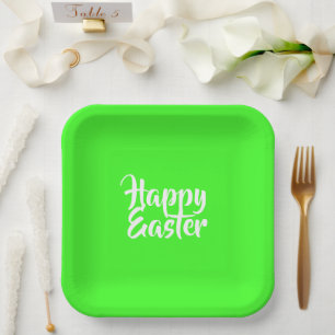 Happy Easter white text on green Paper Plate