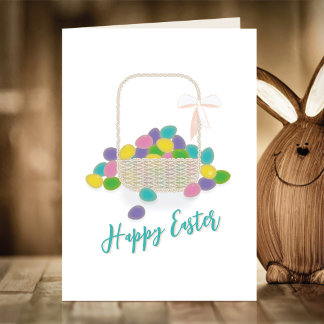 Happy Easter Wicker Basket & Pastel Eggs Spring Holiday Card