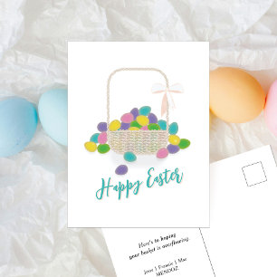 Happy Easter Wicker Basket & Pastel Eggs Spring Holiday Postcard