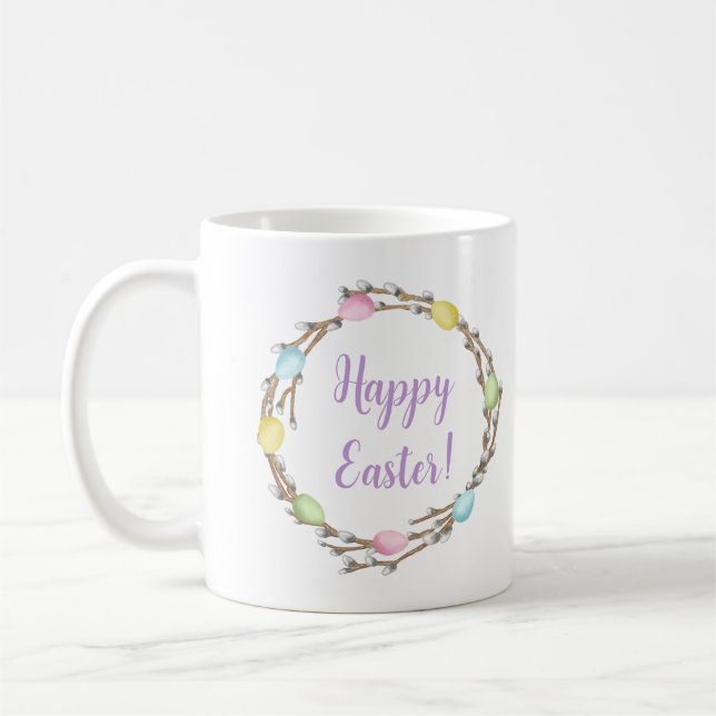 Happy Easter Willow Wreaths With Pastel Eggs Coffee Mug (Left)