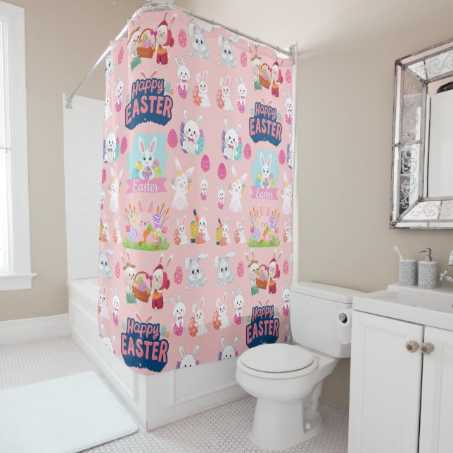 Happy Easter Wishes - Pattern Funny Bunny Easter   Shower Curtain (In Situ)