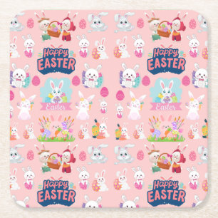 Happy Easter Wishes - Pattern Funny Bunny Easter Square Paper Coaster