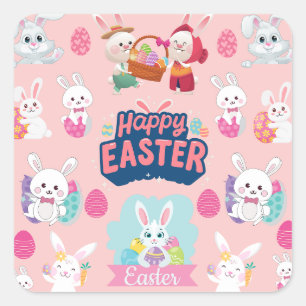 Happy Easter Wishes - Pattern Funny Bunny Easter Square Sticker