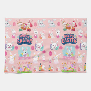 Happy Easter Wishes - Pattern Funny Bunny Easter   Tea Towel