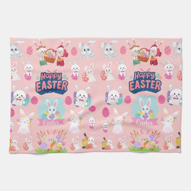 Happy Easter Wishes - Pattern Funny Bunny Easter   Tea Towel (Horizontal)