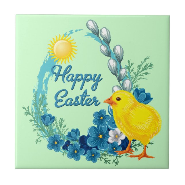 Happy Easter With Baby Chick Ceramic Tile (Front)