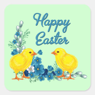 Happy Easter With Baby Chicks Square Sticker