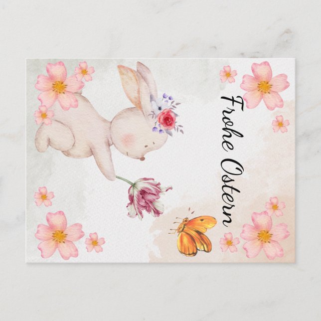 Happy Easter - with bunny and flowers  Postcard (Front)