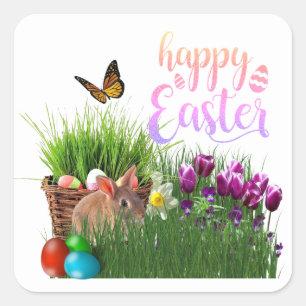 Happy Easter with Bunny Rabbit Holiday  Square Sticker