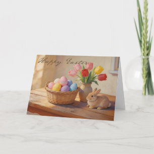 Happy Easter with Colourful Eggs and Tulips Card