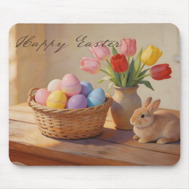 Happy Easter with Colourful Eggs and Tulips Mouse Pad (Front)