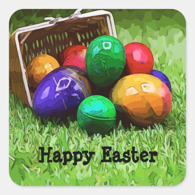Happy Easter with colourful eggs in basket on gree Square Sticker (Front)