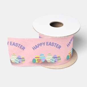 Happy Easter with colourful eggs pink Satin Ribbon