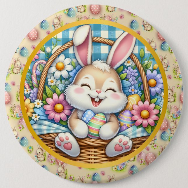 Happy Easter With Cute Bunny, Eggs, and Floral 6 Cm Round Badge (Front)