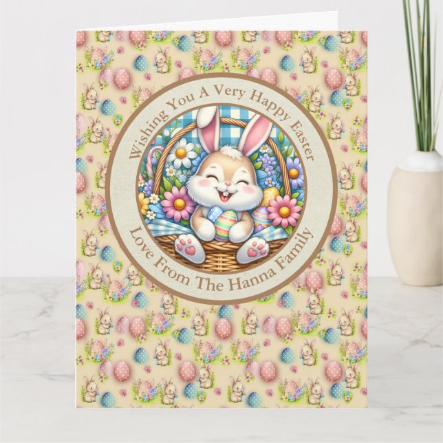 Happy Easter With Cute Bunny, Eggs, and Floral Card (Front)