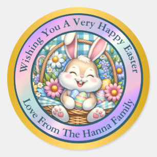 Happy Easter With Cute Bunny, Eggs, and Floral Classic Round Sticker