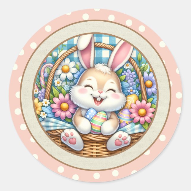 Happy Easter With Cute Bunny, Eggs, and Floral Classic Round Sticker (Front)