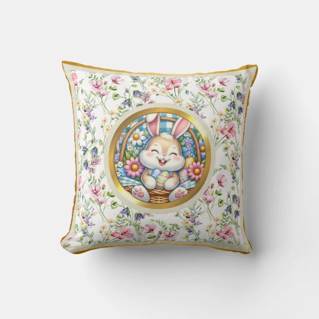 Happy Easter With Cute Bunny, Eggs, and Floral Cushion (Front)