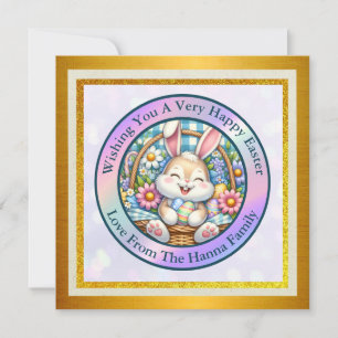 Happy Easter With Cute Bunny, Eggs, and Floral Invitation