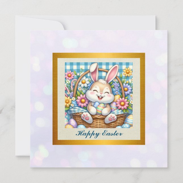 Happy Easter With Cute Bunny, Eggs, and Floral Invitation (Front)