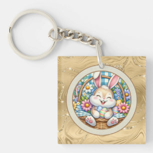 Happy Easter With Cute Bunny, Eggs, and Floral Key Ring
