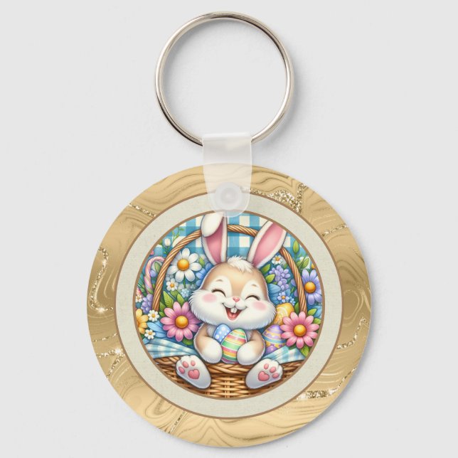 Happy Easter With Cute Bunny, Eggs, and Floral Key Ring (Front)