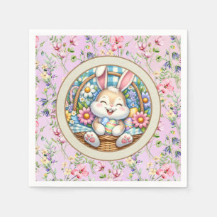 Happy Easter With Cute Bunny, Eggs, and Floral Napkin