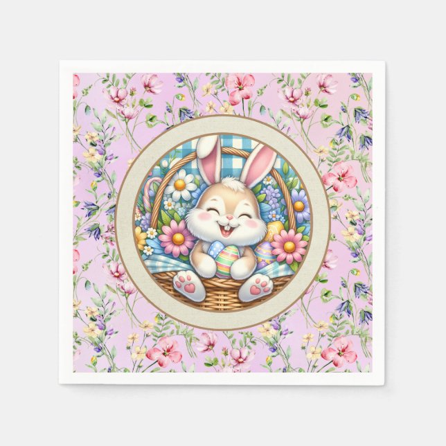 Happy Easter With Cute Bunny, Eggs, and Floral Napkin (Front)