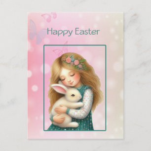 Happy Easter with Cute Girl and Bunny Card