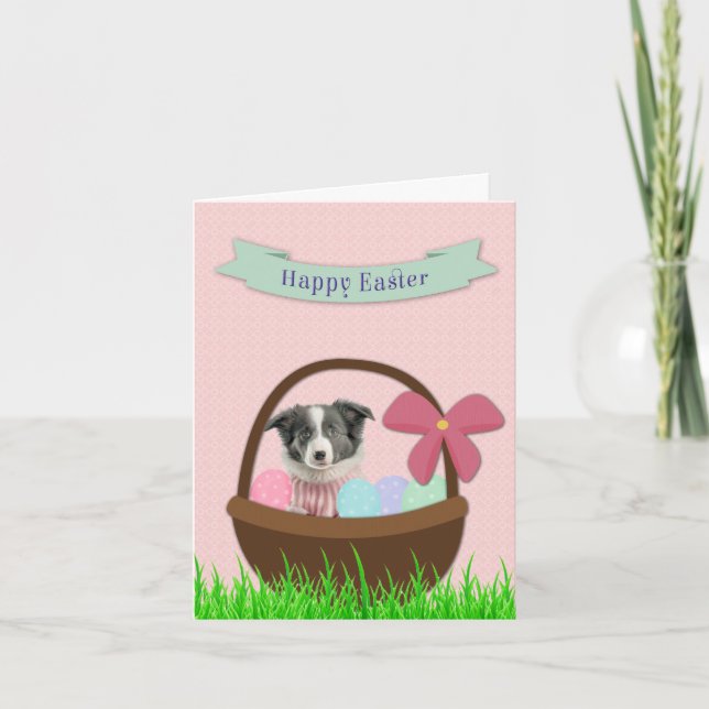 Happy Easter with Dog in Easter Basket Card (Front)