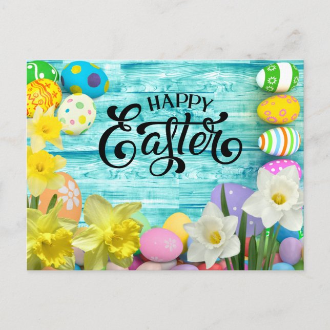 Happy Easter with egg and bunny with flowers    Postcard (Front)