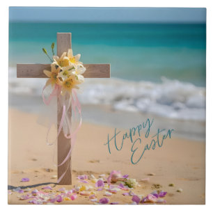 Happy Easter Wooden Cross and Lilies on Beach Ceramic Tile