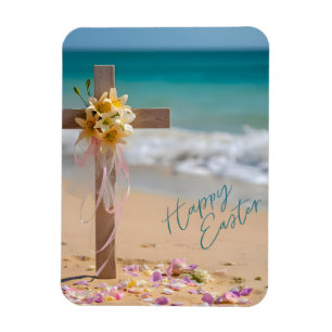 Happy Easter Wooden Cross and Lilies on Beach Magnet