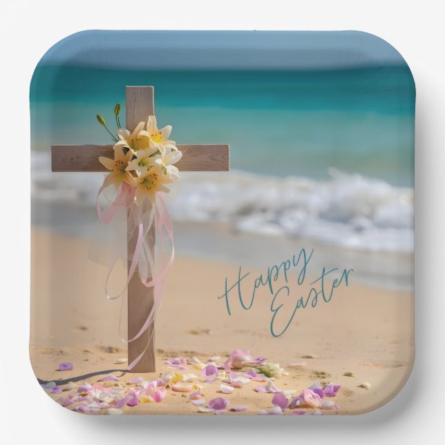 Happy Easter Wooden Cross and Lilies on Beach Paper Plate (Front)