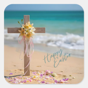 Happy Easter Wooden Cross with Lilies on Beach Square Sticker