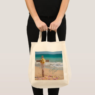 Happy Easter Wooden Cross with Lilies on Beach Tote Bag
