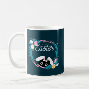 Happy Easter Wreath, Black Cat with bunny ears Coffee Mug