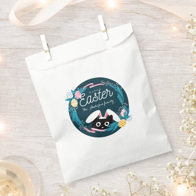 Happy Easter Wreath, Black Cat with bunny ears Favour Bag (Clipped)