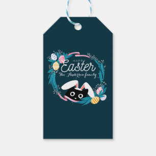 Happy Easter Wreath, Black Cat with bunny ears Gift Tags