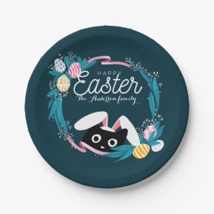 Happy Easter Wreath, Black Cat with bunny ears Paper Plate