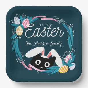 Happy Easter Wreath, Black Cat with bunny ears Paper Plate