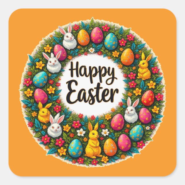 Happy Easter Wreath – Bunny & Eggs Autocolante Square Sticker (Front)