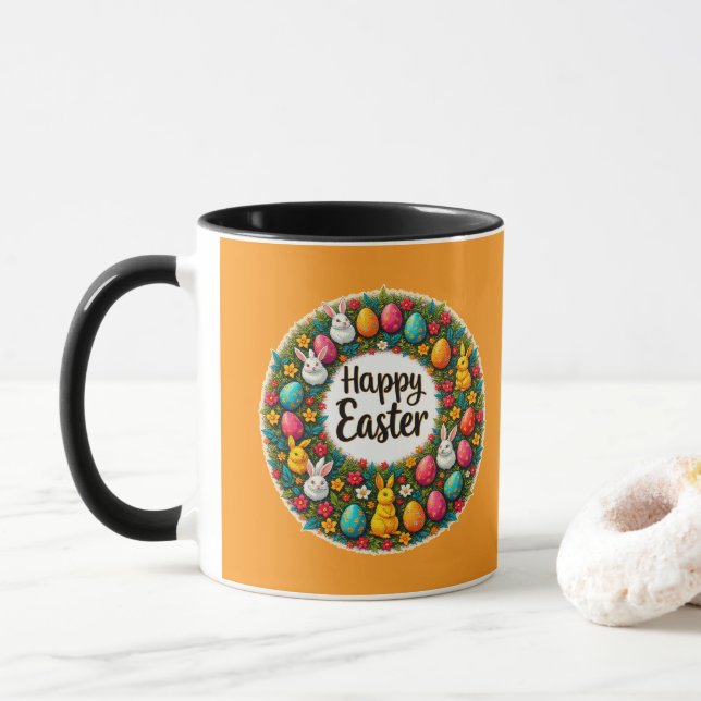 Happy Easter Wreath – Bunny & Eggs caneca Mug (With Donut)