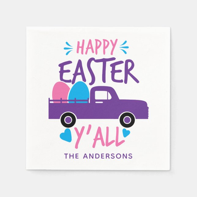 Happy Easter Y'all Modern Egg Truck Personalised Napkin (Front)